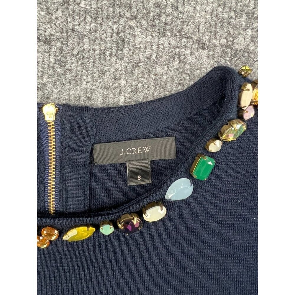 J. Crew Merino Wool Sweater Women's Small Navy Blue Beaded Jewell Pullover - Picture 2 of 6